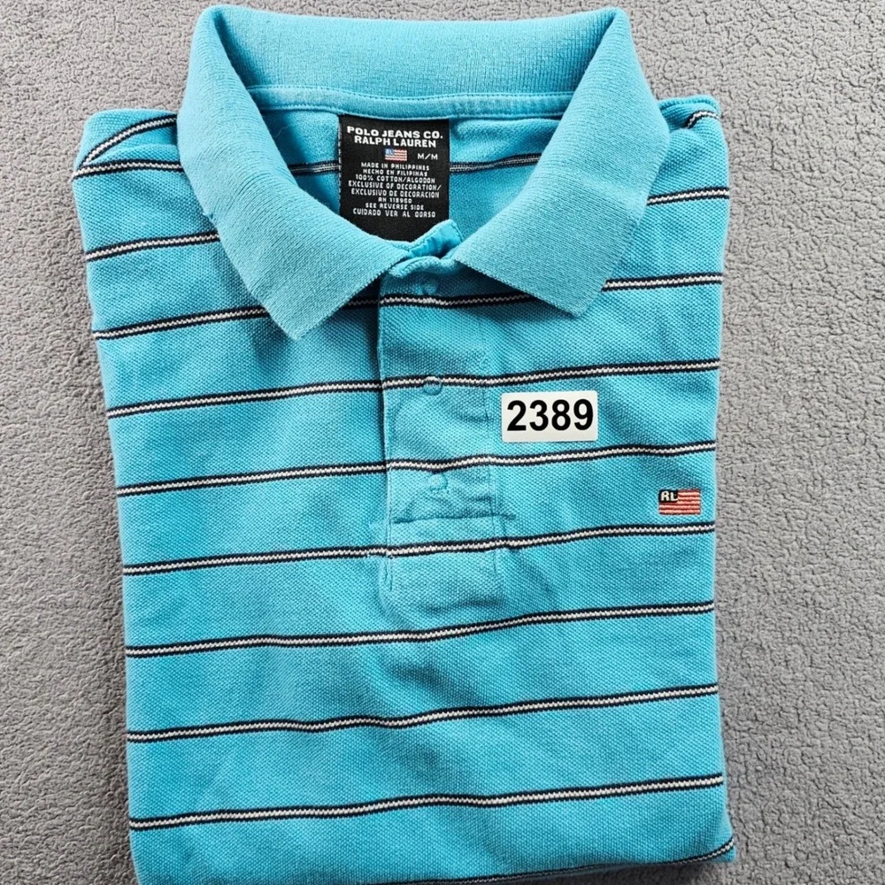 Polo Jeans Co. Ralph Lauren Polo Shirt Mens Medium Blue Striped Golf Performance